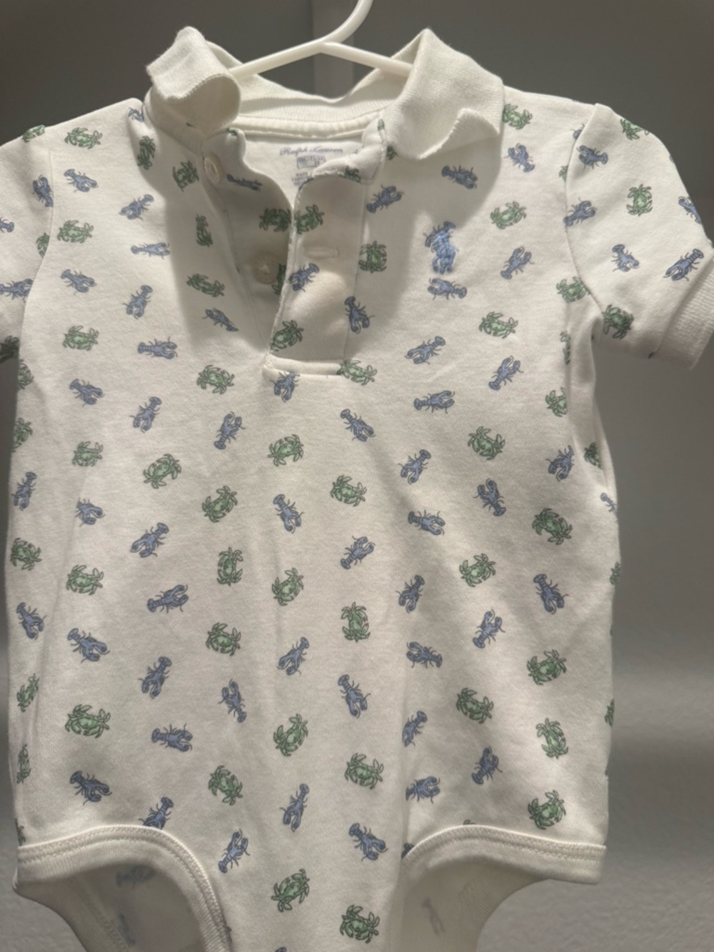 Ralph Lauren Baby Boy Polo Bodysuit 9M Blue & Green Crab Print Short Sleeve